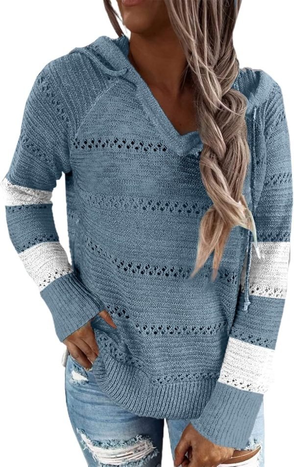 Women Color Block Hooded Crochet Striped Sweaters Lightweight Drawstring Hoodies Pullover Trendy Sweatshirts