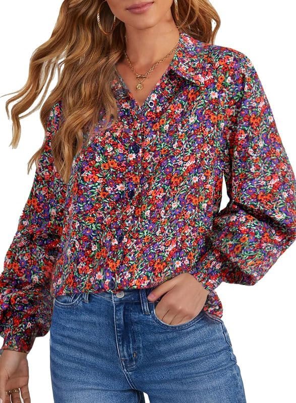 71_6ohExPLL._AC Women's Casual V Neck Allover Floral Print Long Sleeve Chiffon Button Down Blouses Bohemian Top Shirts