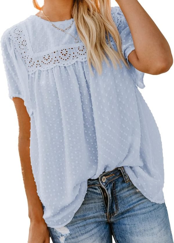 Womens Crewneck Lace Crochet Pom Pom Flowy Short Sleeve Casual Shirts Blouses Tops