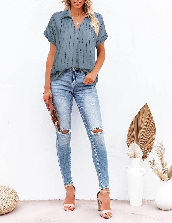 Women's Summer Work Blouse V Neck Short Sleeve Lapel Shirt Top Tunic