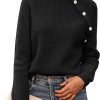 Women's Sweaters Casual Long Sleeve Button Down Crew Neck Ruffle Knit Pullover Sweater Tops Solid Color Striped