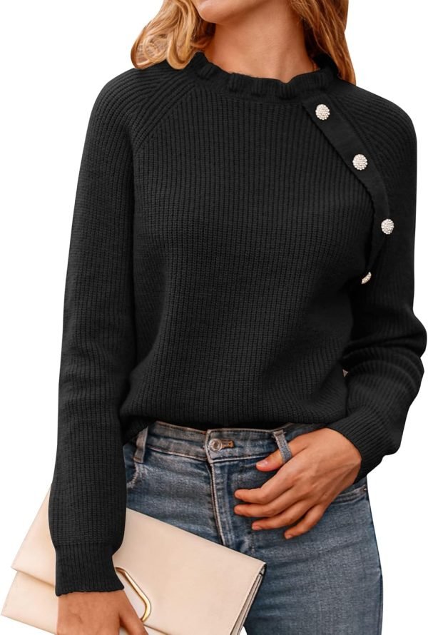 Women's Sweaters Casual Long Sleeve Button Down Crew Neck Ruffle Knit Pullover Sweater Tops Solid Color Striped