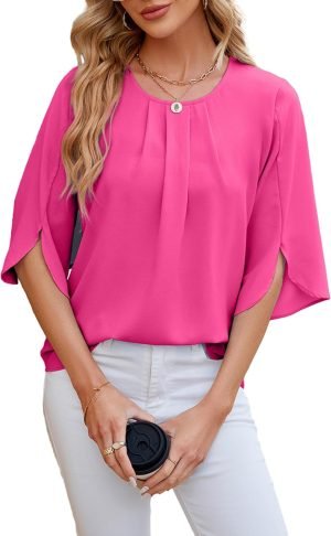 71_xxhx-6fL._AC_SL1500 Women's Chiffon Blouse 3/4 Sleeve Crew Neck Loose Tops Casual Blouses Shirt