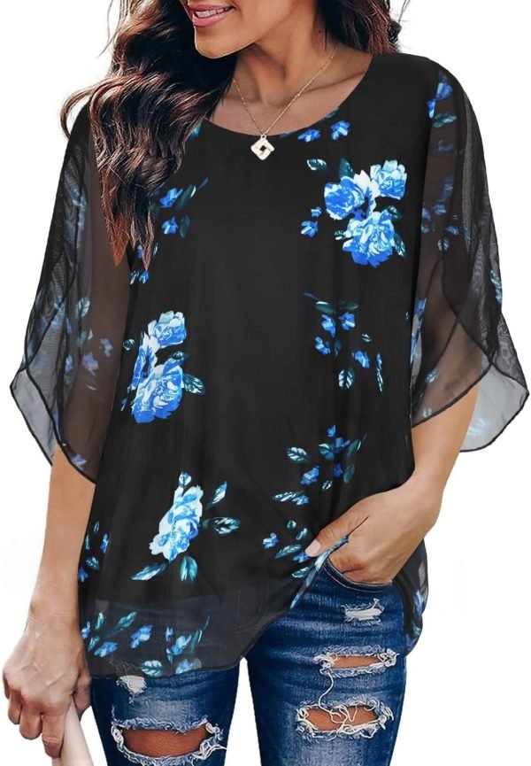 Womens Tops Dressy Casual Summer Chiffon Blouse 3/4 Sleeve Loose Mesh Tunic Shirts