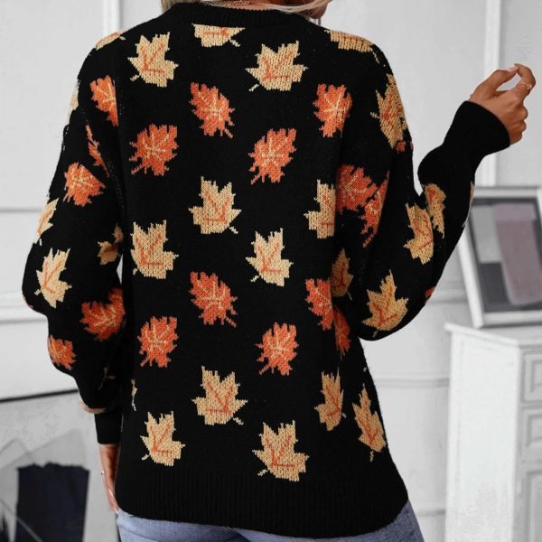 Women's Casual Maple Leaf Print Crewneck Knit Sweater 2024 Fall Winter Fashion Long Sleeve Graphic Loose Jumpers Tops
