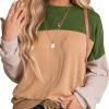 Womens Fashion 2024 Color Block Long Sleeve Crewneck Knitted Casual Loose Pullover Shirts Tops