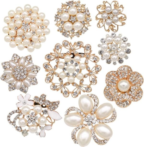 Lot 9pcs Rose Gold-Tone Rhinestone brooches, Big Pearl Crystal Wedding Bouquet kit Set