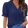 Women Dressy Casual Puff Short Sleeve Summer Tops V Neck Work Blouses