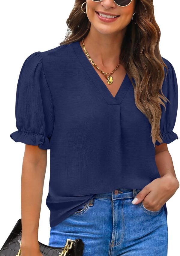 Women Dressy Casual Puff Short Sleeve Summer Tops V Neck Work Blouses