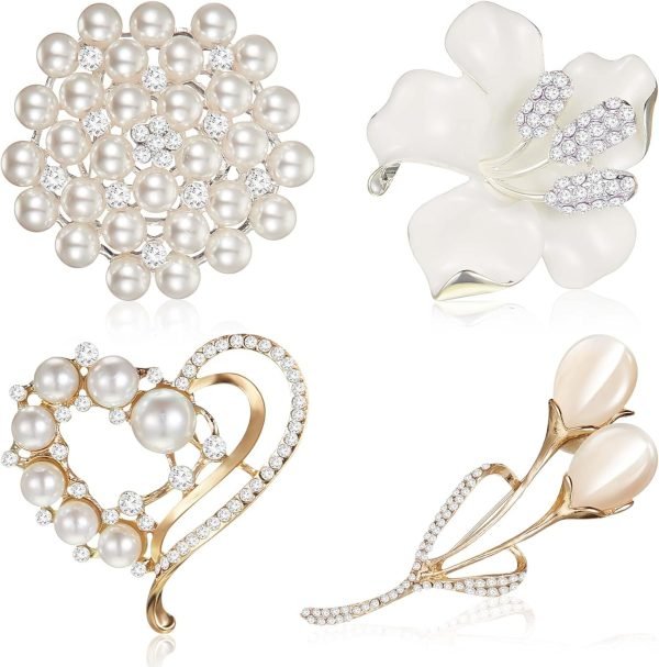 4Pcs Women's Brooch Pin Lapel Heart Brooch Simulated Crystal Pearl Rhinestone Flower Brooches for Women Bridal Wedding