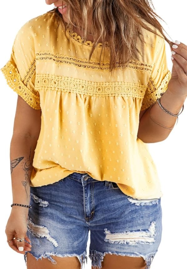 71bxEzIahfL._AC_SL1500 Women Plus Size Tops Crewneck Short Sleeve Lace Crochet Loose Casual Summer Blouses Shirts(1X-5X)