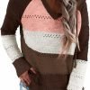 Women Color Block Hooded Crochet Striped Sweaters Lightweight Drawstring Hoodies Pullover Trendy Sweatshirts