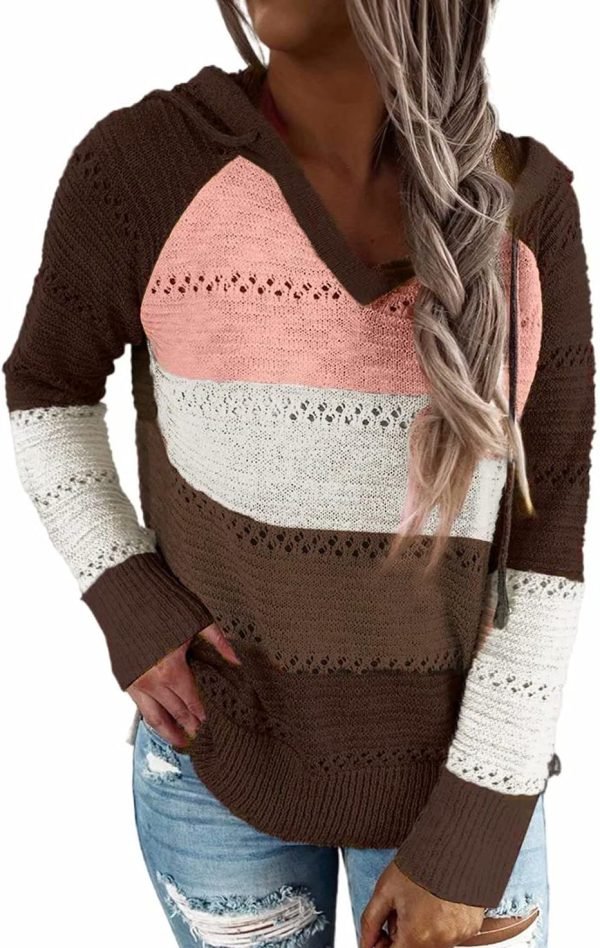 Women Color Block Hooded Crochet Striped Sweaters Lightweight Drawstring Hoodies Pullover Trendy Sweatshirts