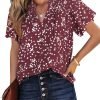 Women's Casual V Neck Floral Print Smocked Short Sleeve Chiffon Blouses Bohemian Top Shirts
