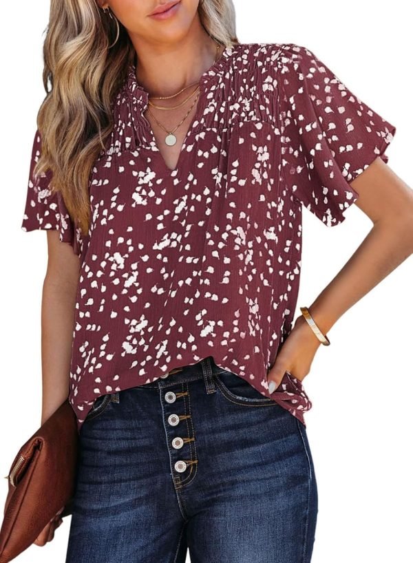 Women's Casual V Neck Floral Print Smocked Short Sleeve Chiffon Blouses Bohemian Top Shirts