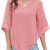 Womens 3/4 Sleeve Chiffon Blouses V Neck Double Layers Mesh Shirts Dressy Flowy Tunic Tops (M-5XL)