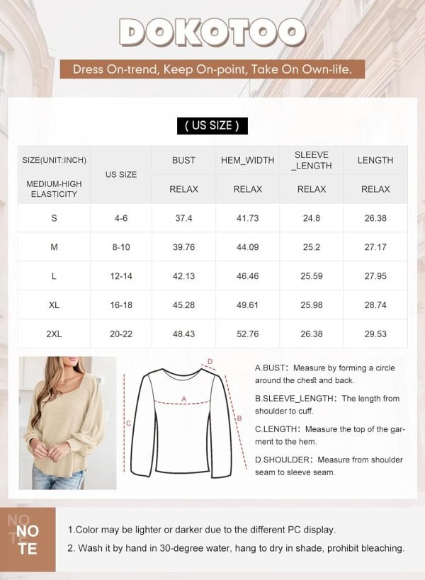 Women's Square Neck Long Sleeve Casual Loose Ribbed Knit Soft Blouses Tops