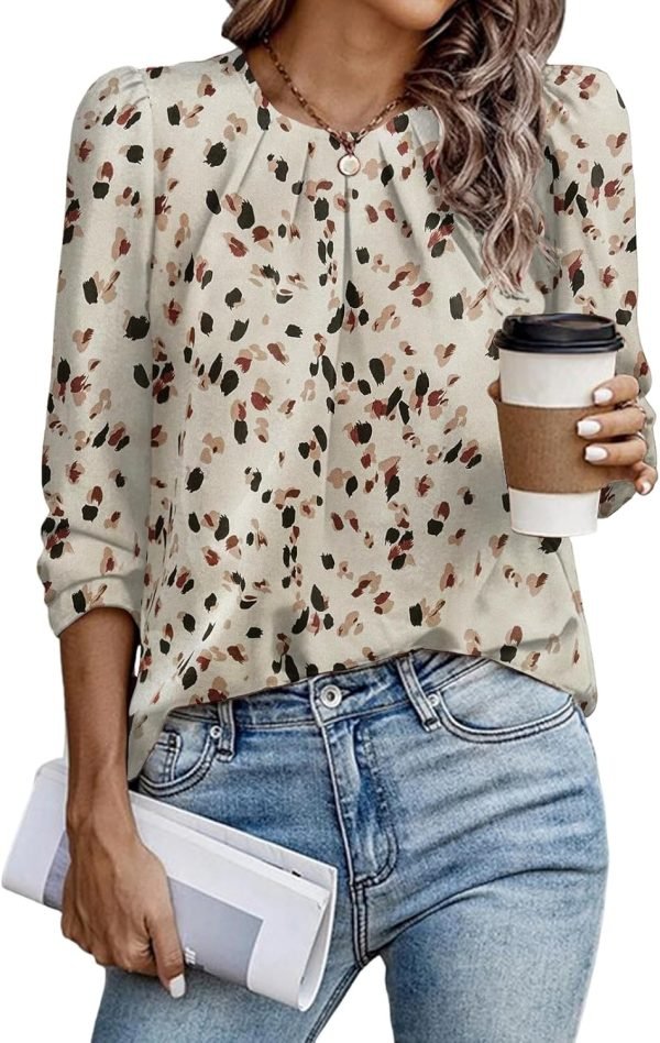 Womens Tops Dressy Casual Pleated Crew Neck Long Sleeve Shirts Office Work Chiffon Blouses