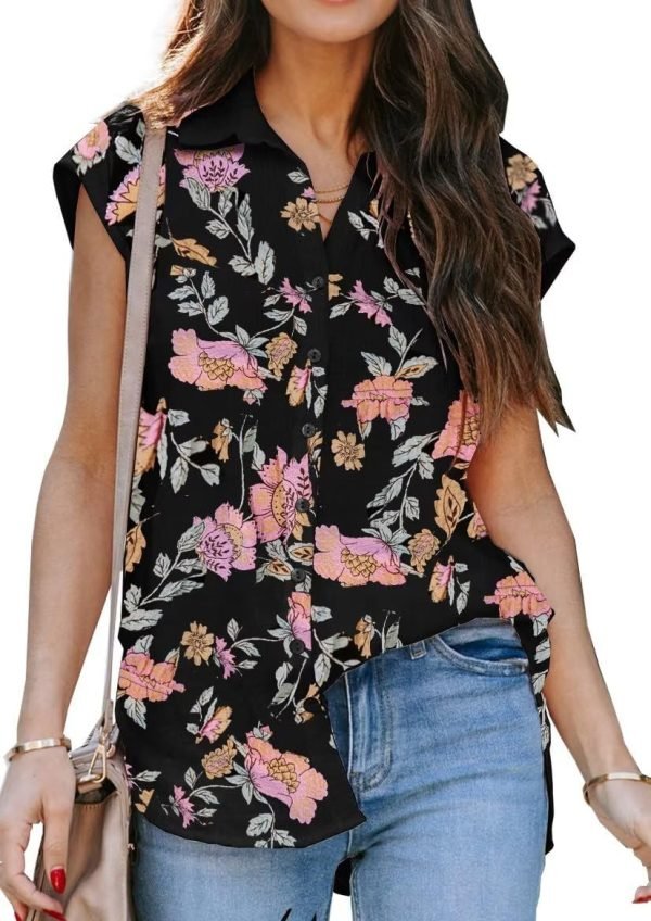 Women's V Neck Short Sleeve Button Down Shirts Casual Chiffon Blouses Tops