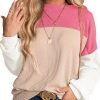 Womens Fashion 2024 Color Block Long Sleeve Crewneck Knitted Casual Loose Pullover Shirts Tops