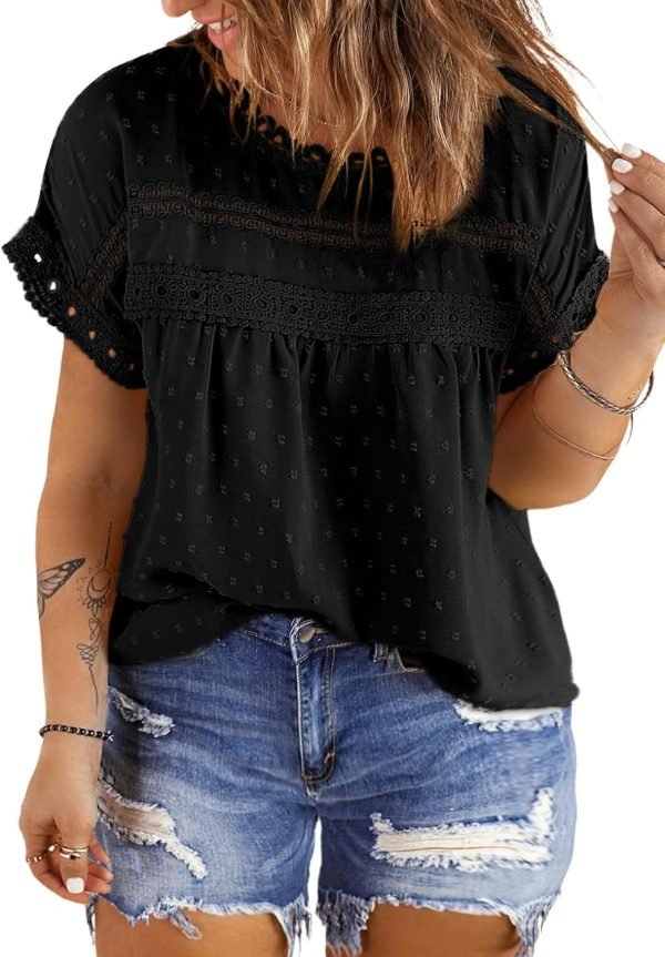 71dqs6Gf6qL._AC_SL1500 Women Plus Size Tops Crewneck Short Sleeve Lace Crochet Loose Casual Summer Blouses Shirts(1X-5X)