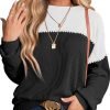 Womens Fashion 2024 Color Block Long Sleeve Crewneck Knitted Casual Loose Pullover Shirts Tops