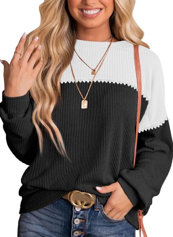 Womens Fashion 2024 Color Block Long Sleeve Crewneck Knitted Casual Loose Pullover Shirts Tops