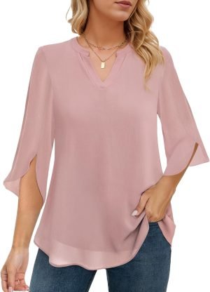 71eL1rKvokL._AC_SL1500_8dc1c286-f5fd-4fce-b438-213b41a217b1 Women's 3/4 Sleeve Chiffon Blouses for Women Dressy Casual, V Neck Double Layers Chiffon Blouses 2024, Tunic Tops