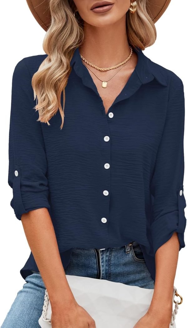 Womens Button Down Shirts V Neck Roll Up 3/4 Length Sleeve Tops Elegant Dressy Blouses Business Casual Outfits