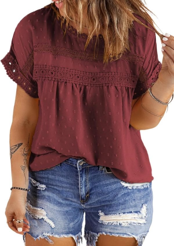 71eXbFjn4zL._AC_SL1500 Women Plus Size Tops Crewneck Short Sleeve Lace Crochet Loose Casual Summer Blouses Shirts(1X-5X)