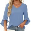 Chiffon Blouses for Women Ruffle 3/4 Sleeve Dressy V Neck Casual Flowy Tunic Tops