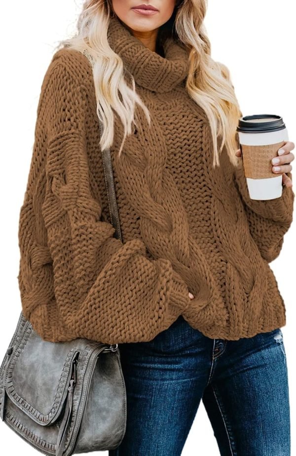 Womens 2024 Winter Fall Solid Turtleneck High Neck Balloon Long Sleeve Sweaters Pullover Outerwear