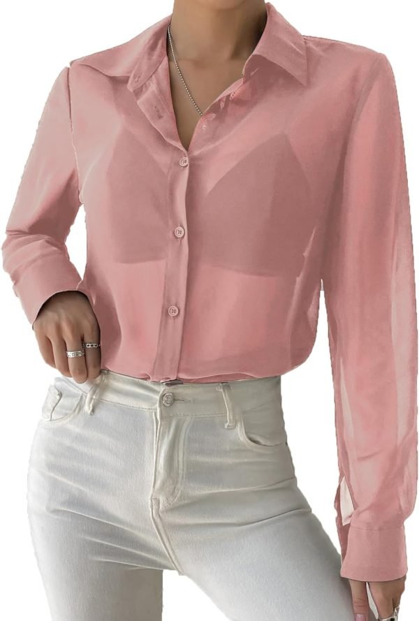 71egLi37nCL._AC_SL1500 Women's Sheer Mesh Button Up Shirt Long Sleeve See Through Blouse