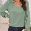 Women's Casual Long Sleeve Tops Shirred Shoulders Solid Color Knit Ribbed T Shirts Blouses