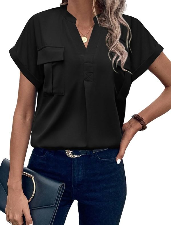 Women Dressy Casual V Neck Short Sleeve Dress Shirts Summer Work Tops Tunics Solid Color Chiffon Blouse