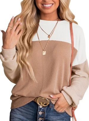 71f8IHth_hL._AC_SL1500 Womens Fashion 2024 Color Block Long Sleeve Crewneck Knitted Casual Loose Pullover Shirts Tops