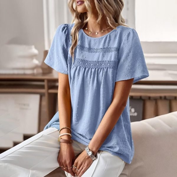 Womens Summer Tops Crewneck Short Sleeve Shirts Casual Chiffon Blouses Flowy Lace Hem Boho Clothing Trendy 2024
