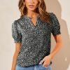 Womens Fashion Blouses Notched V Neck Puffer Short Sleeve Shirt Polka Dot Tops Chiffon Dressy Shirts