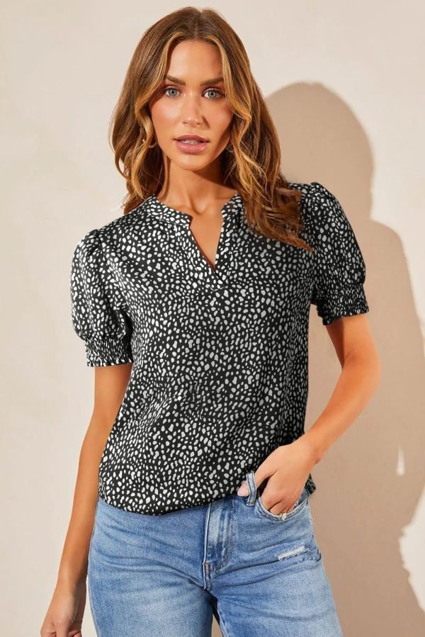 Womens Fashion Blouses Notched V Neck Puffer Short Sleeve Shirt Polka Dot Tops Chiffon Dressy Shirts