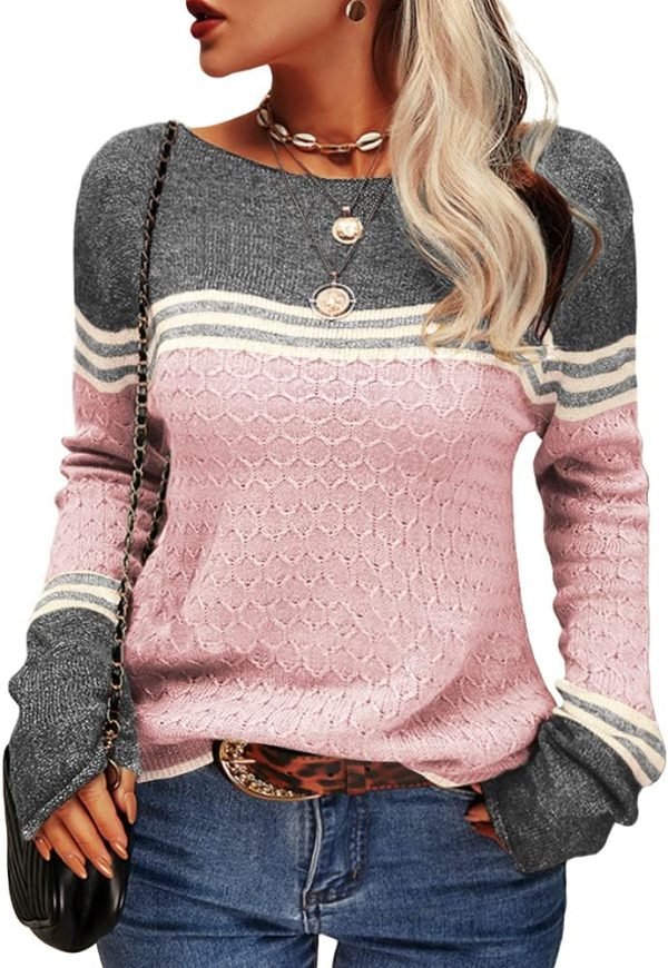 Women Autumn Winter Colorblock Pullover Sweaters Round Neck Striped Slim Fitting Knitwear Tops