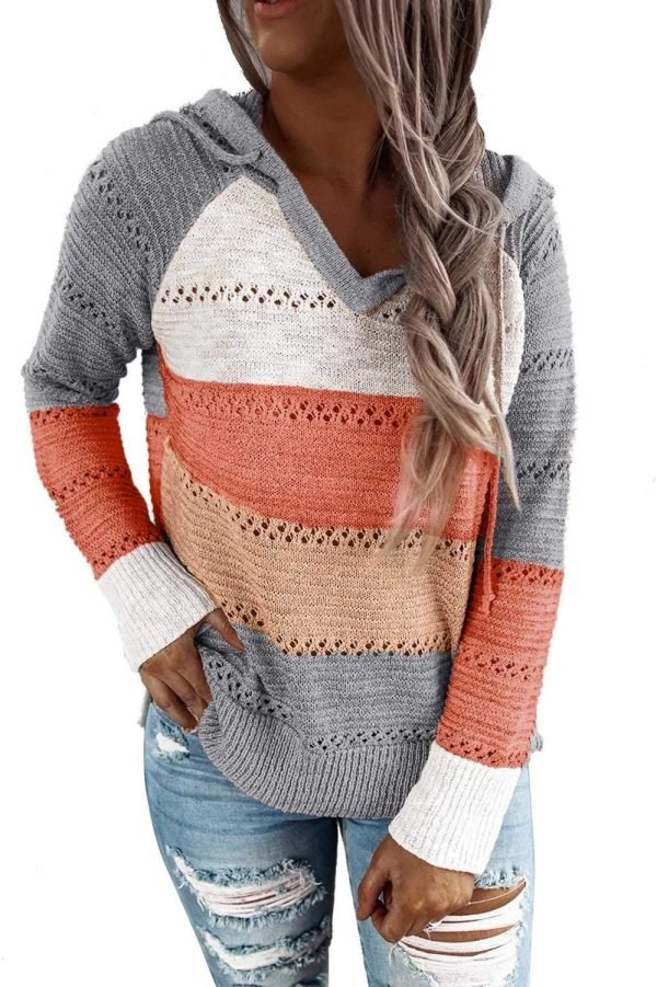 Women Color Block Hooded Crochet Striped Sweaters Lightweight Drawstring Hoodies Pullover Trendy Sweatshirts
