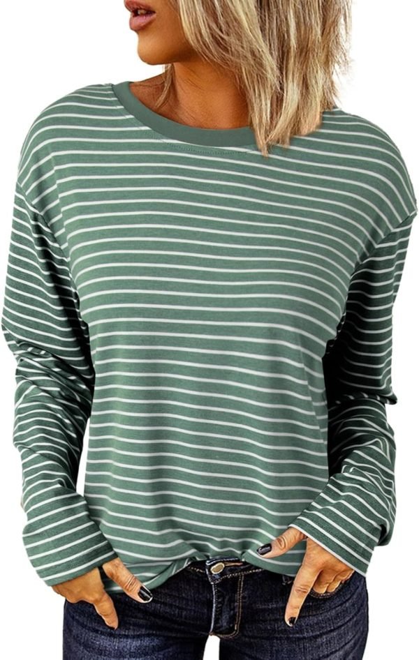 Women's Casual Striped Long Sleeve Tops Crew Neck Knit Ribbed Basic T Shirts