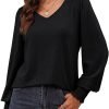 Women's Casual Long Sleeve Tops Shirred Shoulders Solid Color Knit Ribbed T Shirts Blouses