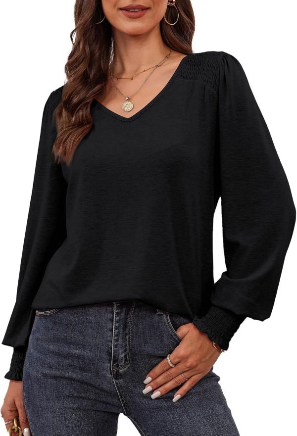 Women's Casual Long Sleeve Tops Shirred Shoulders Solid Color Knit Ribbed T Shirts Blouses