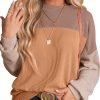 Womens Fashion 2024 Color Block Long Sleeve Crewneck Knitted Casual Loose Pullover Shirts Tops