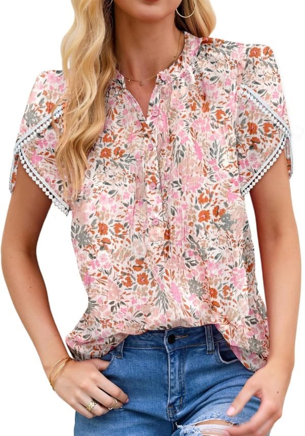 Womens Tops Summer Casual Boho Floral Print Short Sleeve Half Button Down V Neck Chiffon Blouses Shirts