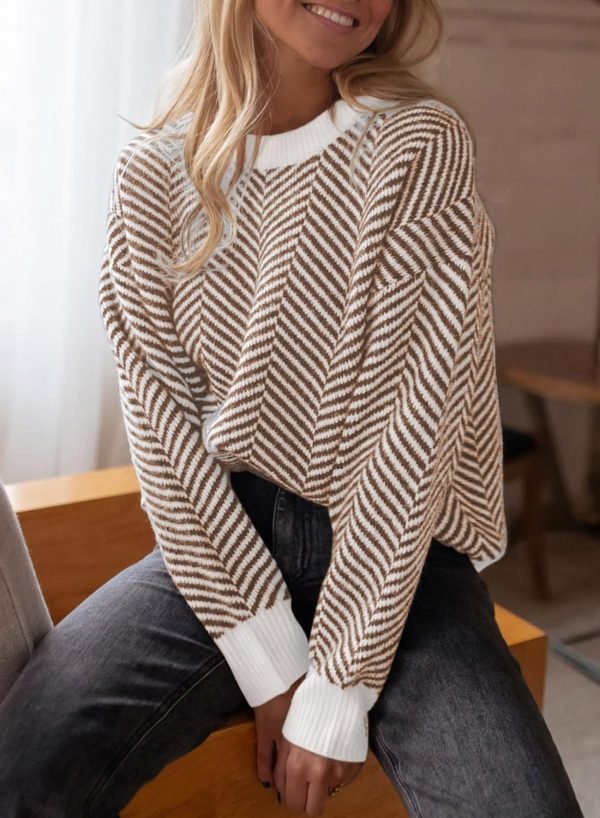 71gkpADJTUL._AC_SL1500 Women's Crewneck Cute Sweaters 2024 Striped Colorblock Fall Winter Knitted Pullover Tops