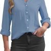 Womens Button Down Shirts Long Sleeve V Neck Collared Blouses Office Work Tops Chiffon Dressy Casual Shirts