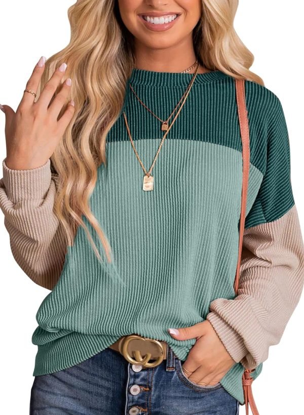 Womens Fashion 2024 Color Block Long Sleeve Crewneck Knitted Casual Loose Pullover Shirts Tops