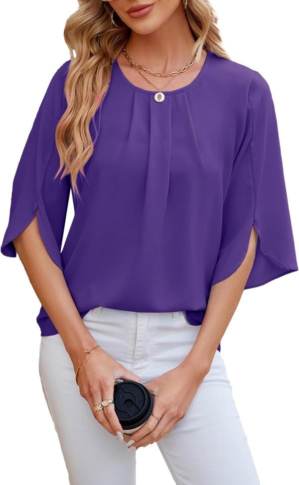 71hMJAwOVaL._AC_SL1500 Women's Chiffon Blouse 3/4 Sleeve Crew Neck Loose Tops Casual Blouses Shirt